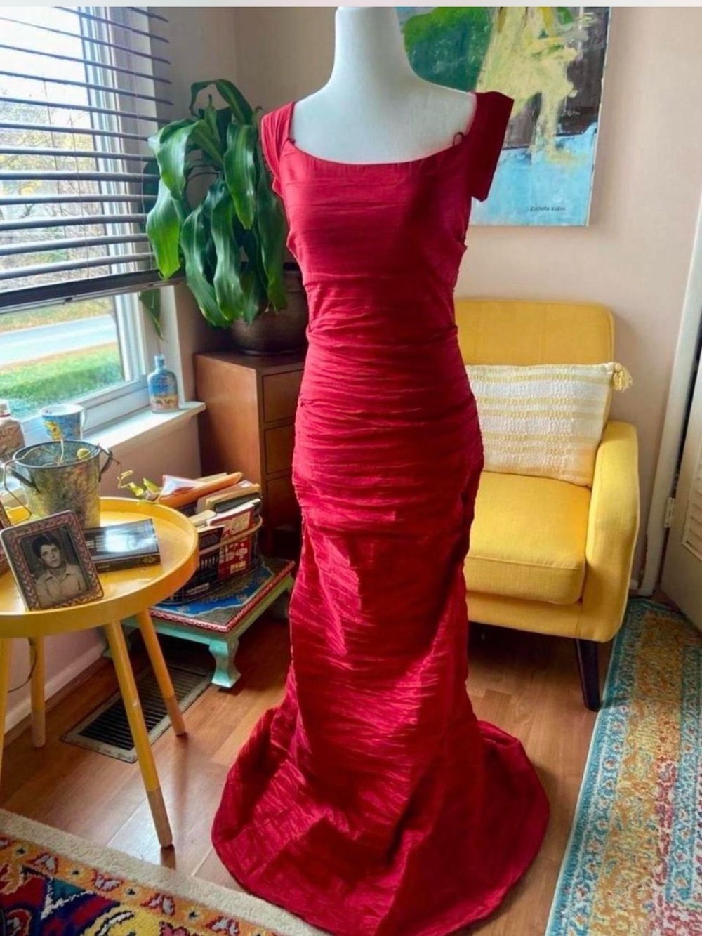 Alex Evenings Crimson Red Ruched Satin Maxi Dress